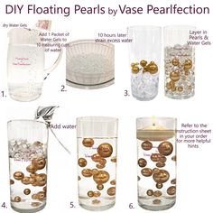 the instructions for making vases with buttons and pearls are shown in several different ways