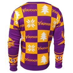 a purple and yellow sweater with the words minnesota on it's chest, in front of a white background