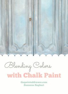 an old blue painted armoire with the words blending colors with chalk paint on it