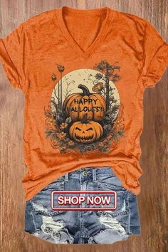 Women's Casual Happy Halloween Jack O'Lantern Floral Pumpkin Printed Short Sleeve T-Shirt Spooky Orange T-shirt For Fall, Orange Spooky T-shirt For Fall, Spooky Orange Fall T-shirt, Floral Pumpkin, Halloween Style, Halloween Jack O Lanterns, Halloween Jack, Pumpkin Print, Halloween Fashion