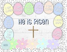 an easter card with the words he is risen surrounded by colorful eggs and daisies