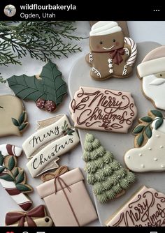 decorated christmas cookies are displayed on a plate