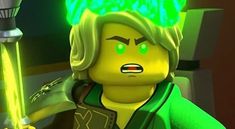 the lego movie character is holding a green light saber