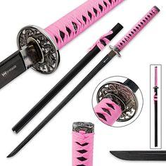 two pink and black swords, one with zebra print on the side and one with an intricate design