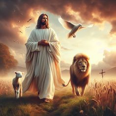 jesus walking with two lions and a bird in front of him on a cloudy day