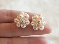 Pearl Cluster Wedding Earrings Bridal Stud by GlamorousBijoux White Clip-on Pearl Earrings For Wedding, White Clip-on Cluster Earrings For Wedding, White Cluster Clip-on Earrings For Wedding, White Clip-on Bridal Earrings For Wedding, White Sparkling Earrings For Wedding, Sparkling White Cluster Earrings For Wedding, White Sparkling Wedding Earrings, White Sparkling Bridal Earrings For Anniversary, Sparkling White Bridal Earrings For Anniversary