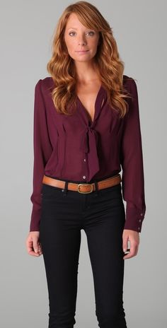 Wine Blouse, Capitol Hill Style, Wife Style, Plum Wine, Tan Belt, Bow Tie Blouse, Belt Brown, Pants Brown, Fun Shirt