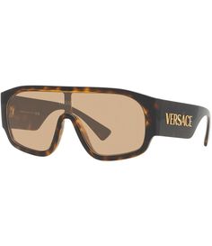 From Versace&#x2C; these Unisex 33mm Tortoise Shield Sunglasses feature:Shield shapePropionate frameNot Rx ableNon-polarized lensImported. Funky Glasses, Versace Logo, Versace Brand, Brown Lens, Versace Accessories, Stylish Glasses, Versace Sunglasses, Shield Sunglasses, Eyewear Design