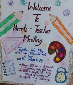 a welcome sign for parents - teacher meeting with pencils and crayons on it