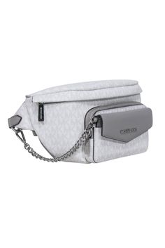 Michael Kor's Maisie Sling Pack is a chic weekend essential for every downtown darling. The classic fanny pack is elevated with polished logo-printed canvas and edgy silver-toned hardware. Plus, it functions as a 2-in-1 with a signature card case that can be removed or left on as a stylish attachment. Add a luxurious touch to any look with this must-have accessory. Logo-print canvas/faux leather Fabric 1: 89.4% coated canvas/9.6% polyester/1% polyurethane Fabric 2: 88.92% coated canvas/11.08% po