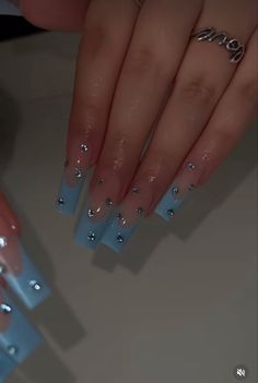 Acrylic Nail Designs With Rhinestones Simple, French Tip Rhinestone Nails, Long Blue Acrylic Nails, Baby Blue Acrylic Nails, Blue Prom Nails, Ariel Wedding, Prom Nails Silver, Blue And White Nails, Blue Glitter Nails