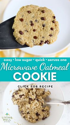 a close up of a cookie on a plate with the words microwave oatmeal cookie