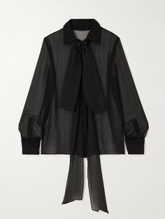 Valentino Garavani's blouse is cut from sheer silk-chiffon and ties in a dramatic bow around the neck. It's tailored with buttoned cuffs and a strong collar that add just enough definition to structure the whisper-weight fabric. Layer yours over a lace bra. Valentino Shirt, Saint Laurent Shirt, Black Chiffon Blouse, Silk Chiffon Blouse, Organza Top, Elegant Scarves, Sheer Scarf, Mini Dress Casual, Chiffon Shirt