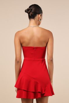 If your goal is to receive as many compliments as possible, then the Lulus Sultry Intentions Red Strapless Ruffled Mini Dress is the perfect option! This flirty lil' dress is composed of stretchy crepe knit that shapes a strapless, princess-seamed bodice (with hidden no-slip strips and supportive side boning) and a straight neckline. The fitted waist tops a figure-skimming, A-line mini skirt adorned with asymmetrical, ruffled tiers. Hidden back zipper/clasp. Fit: This garment fits true to size.