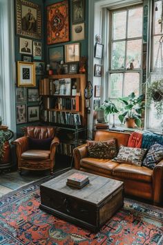 a living room filled with furniture and lots of books on the shelves next to a window