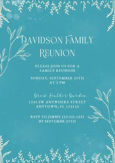 a blue and white family reunion party with leaves on it's border, in the middle