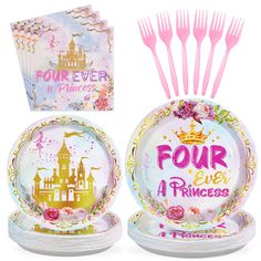 four princess plates with forks and napkins in front of the plate are pink flowers