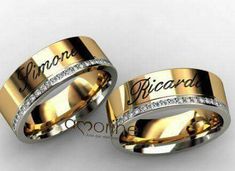 two gold wedding bands with the names of their rings and diamonds on each one side