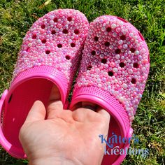 Custom full Rhinestone and Pearl Clogs . Perfect for any occasion! Wedding receptions, birthdays, or just hanging out with friends!  This super cute pair of Clogs will have shades of pink pearls and pearl pink rhinestones all over. The strap will only have rhinestones. The rhinestones do look orangeish in some lights, pink in others.  Each rhinestone is placed individually, by hand. With wear, rhinestones may fall off. A little bag of extra pearls and rhinestones will be sent with each pair ship Blinged Crocs, Crocs Custom, Diamond Dots, Pink Crocs, Pink Pearls, Pearl Pink, Custom Glitter, Glitter Pens, Christmas Tumblers