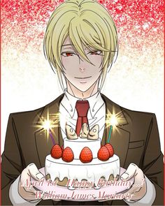 a man in a suit holding a cake with strawberries on it and the words happy birthday