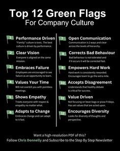 the top 12 green flags for company culture infographical poster on black background with white text