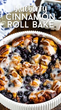 blueberry cinnamon roll bake in a white dish