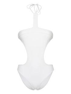 white stretch-design one-piece design open back full lining halterneck tie fastening rear tie fastening Be mindful to try on swimwear over your own garments. White Backless Halter Top For Beach, White Backless Lined Swimwear, White Stretch Halter Top For Beachwear, White Sleeveless Halter Top For Pool, White Summer Halter Top With T-back, White T-back Halter Top For Summer, White Stretch Halter Neck Swimwear, White Sleeveless Halter Top For Poolside, White Beachwear Halter Top For Party