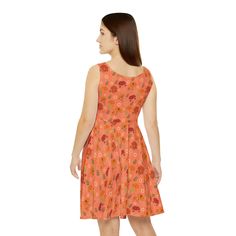 Whether it's hitting the town or lounging around, this skater dress brings an unmatched flair to any woman's wardrobe. Made with a high-quality, 290gsm fabric blend that is 83% polyester, 17% spandex, it's comfy, stretchy and a perfect match to any occasion. It'll be an instant favorite for any day of the week. .: Material: 83% polyester, 17% spandex.: Medium-heavy fabric (8.5 oz /yd² (290 g/m²)).: Mid-length.: Asymmetrical skirt (in places could be longer or shorter) XS S M L XL 2XL Chest width, in 15.00 16.00 17.50 18.50 20.50 22.50 Length, in 35.00 36.00 36.50 36.50 36.50 37.00 Orange A-line Midi Dress With Floral Print, Casual Peach Knee-length Dress, Casual Orange A-line Sundress, Cute Flower Dress, Meadow Dress, Orange Floral Dress, Summer Meadow, Dress Asymmetrical, 4th Of July Outfits