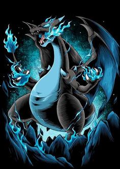 a blue and black dragon with flames on it's back