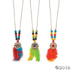 three necklaces with colorful feathers and beads