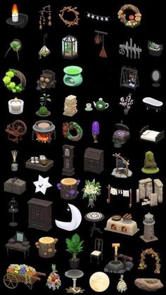 an image of many different objects on a black background, including furniture and other items