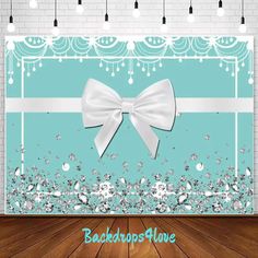 A glamorous Tiffany blue backdrop with a large white satin bow in the center, adorned with sparkling gemstones and pearls at the bottom, perfect for elegant events like weddings, bridal showers, or birthdays. Blue Backdrop, Online Communication, Birthday Photography, Blue Backdrops, Adult Birthday Party, Baby Cover, Sparkling Diamond, Birthday Backdrop, White Bow