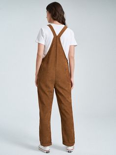 Corduroy Solid Sleeveless Button Pocket Casual Jumpsuit Brown Corduroy Overalls With Pockets, Sleeveless Cotton Overalls With Button Closure, Corduroy Overalls For Workwear, Casual Jumpsuit, Ladies Fashion, Design Element, Season Summer, Style Vintage, Jumpsuit Romper