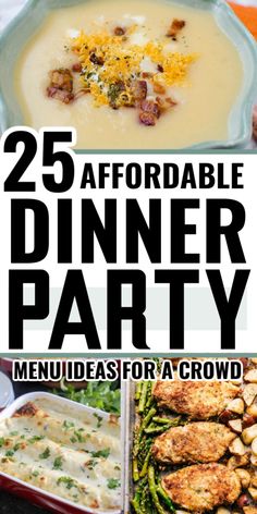 dinner party menu with different dishes and text that reads 25 afforable dinner party menus for a crowd