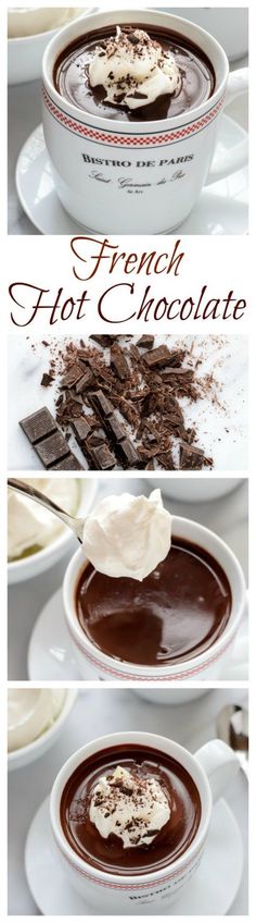 chocolate pudding in a white bowl with whipped cream on top and the words french hot chocolate above it