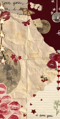 an altered collage with stars, moon and hearts on it's paper background