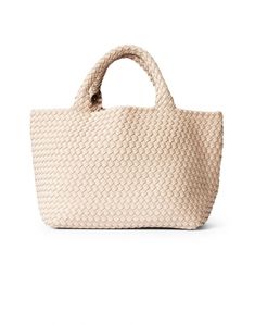 Embrace Naghedi's laid-back elegance with the best-selling St. Barths tote bag. It's expertly woven from neoprene and features a matching pouch that's perfect for toting your everyday essentials. Woven Double Handle Bags For On-the-go, Beige Woven Bags For On-the-go, On-the-go Woven Leather Tote Bag, Woven Leather Shopping Pouch, Shopping Pouch Bag In Woven Leather, Beige Top Handle Bag With Woven Leather, Intrecciato Weave Satchel Tote For On-the-go, Rectangular Woven Bag For On-the-go, Modern Beige Bags With Woven Leather