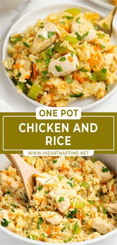 one pot chicken and rice in a white bowl with a wooden spoon on the side