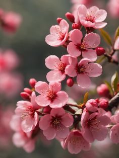 pink flowers are blooming on a tree branch