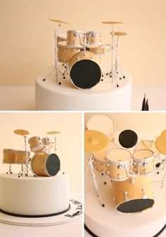 the cake is made to look like a drum set