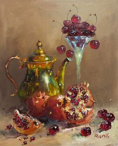 an oil painting of fruit and a teapot with a glass vase on the table