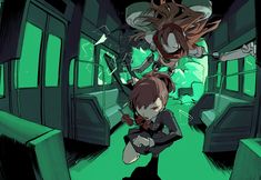 two anime characters are riding on a subway car in an animated scene with green lighting