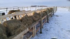 a long row of hay in the middle of snow covered ground next to a fence