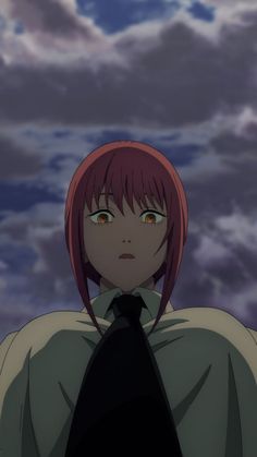 an anime character with red hair and orange eyes looking off into the distance in front of clouds