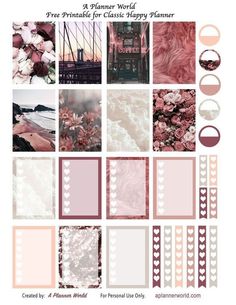 a pink and white photo collage with hearts, flowers, and other things in it