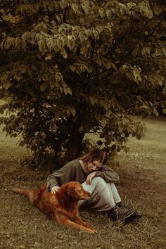 a person sitting under a tree with a dog