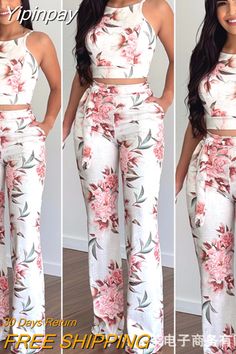 Yipinpay and American women's full-frame floral tight-fitting sling top suit trousers woman cloth female two pieces set pants – yipinpay White Casual Floral Print Sets, Casual White Floral Print Sets, White Floral Print Casual Sets, White Two-piece Set For Spring, Fitted Feminine Two-piece Set, Spring Two-piece White Set, White Two-piece Set For Summer, Feminine Matching Sets For Spring, White Feminine Sets For Spring