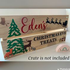 two wooden signs that say christmas treats and santa's sleigh with reindeers