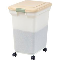 a plastic trash can with wheels and a lid