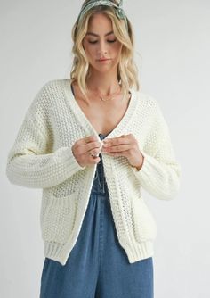 Bohemian open knit white sweater cardigan at Ruby Jane & valleygirl boutique. Colorado Outfits, Ruby Jane, Cozy Knit Sweater, Button Down Cardigan, Flowy Pants, Chunky Knit Cardigan, Dreamy Dress, Cozy Knits, Knit Sweater Cardigan